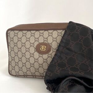 GUCCI Vintage GG Plus Supreme Clutch Bag Cosmetic Vanity Bag Leather PVC COA
